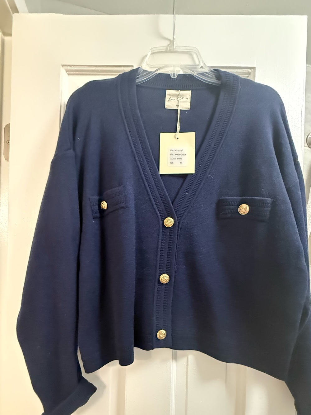 NWT Easy Clothes Navy V Neck Cardigan Sweater W Pretty Gold Buttons, Sz M/L